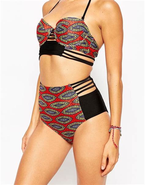 Asos African Print Strappy Contrast High Waist Bikini Bottom At Asos