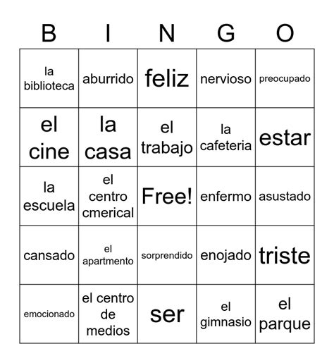 Spanish Words Bingo Card