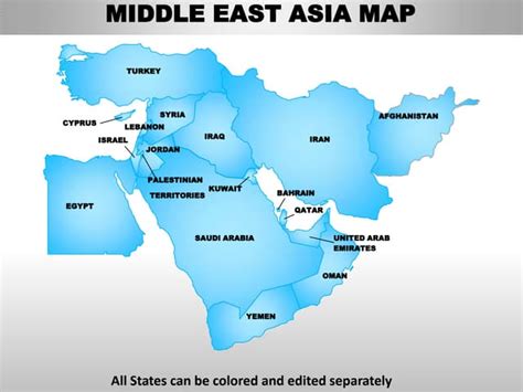 Middle East Asia Editable Continent Map With Countries Ppt