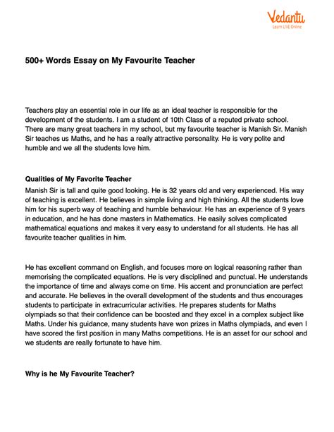 🏆 A Paragraph On My Favourite Teacher Essay On My Favourite Teacher In 400 500 600 700 Words