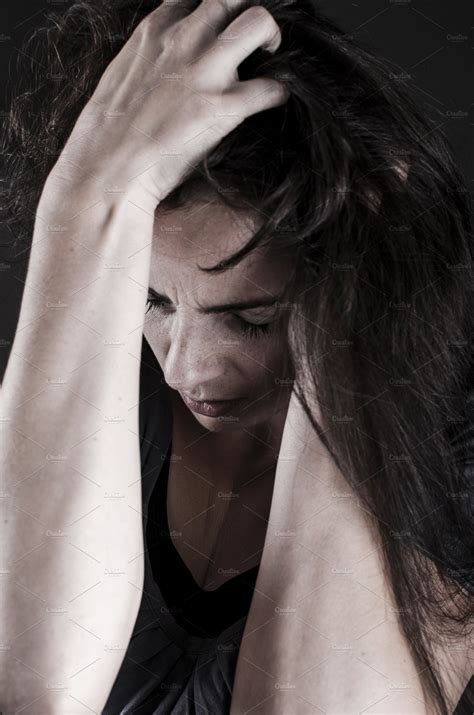Depressed Woman Closeup Stock Photo Containing Studio Shot And