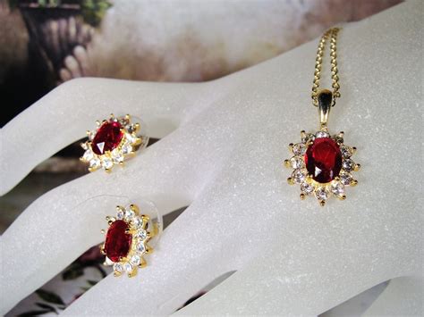 1980s Roman Ruby Red And White Genuine Crystal Necklace And Earring Set