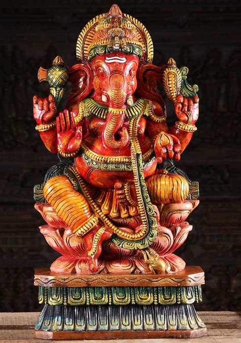 Sold Wooden Seated Red Ganesha Statue 36 98w9q Hindu Gods And Buddha