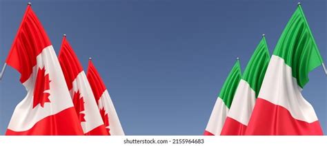Flags Canada Italy On Flagpoles On Stock Illustration 2155964683