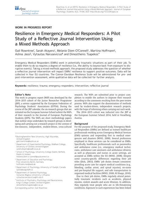 Pdf Resilience In Emergency Medical Responders A Pilot Study Of A