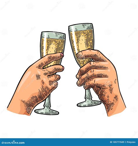 Female And Male Hands Holding And Clinking Two Glasses Champagne Cartoon Vector Cartoondealer