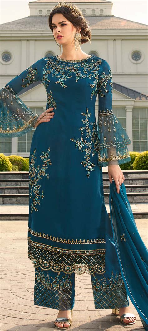 Festive Party Wear Blue Color Georgette Fabric Salwar Kameez 1677124