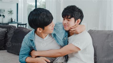 Young Asian Gay Couple Hug And Kiss At Home Attractive Asian Lgbtq Pride Men Happy Relax Spend