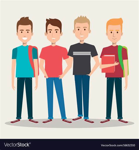 Group Of Four Boy Cartoon Teenager Students Vector Image