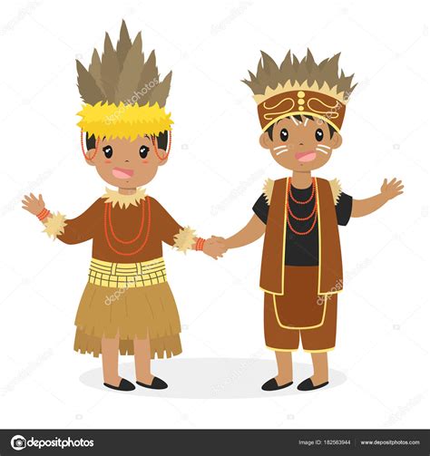 Happy Boy Girl Wearing Papua Traditional Dress Holding Hands Indonesian