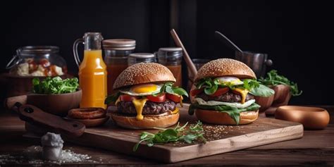 Premium Ai Image Two Burgers On A Wooden Board With A Bottle Of