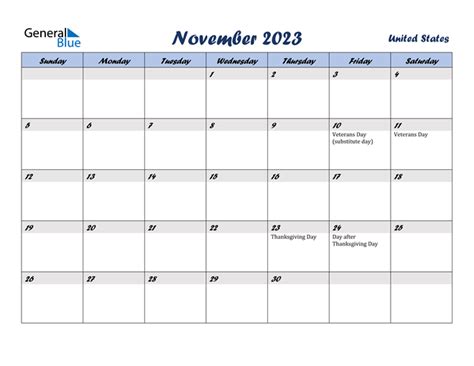 November 2023 Calendar With United States Holidays