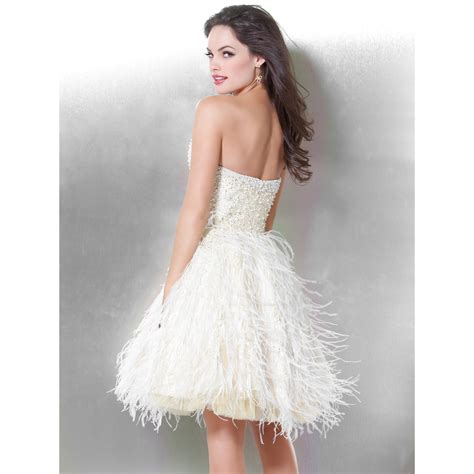 ivory a line strapless zipper short mini cocktail dresses with beading and feathers