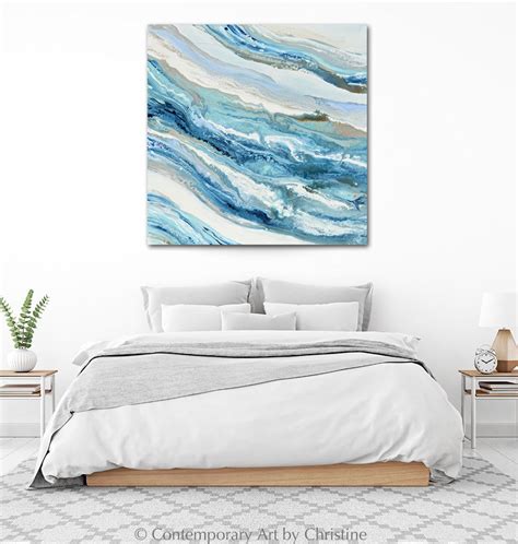 Canvas Print Art Blue White Coastal Abstract Painting Aqua Beach Decor