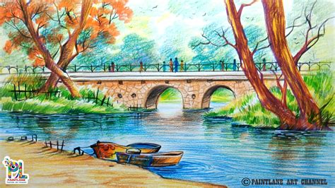 How To Draw A Very Simple Scenery With Bridge For Beginners Step By