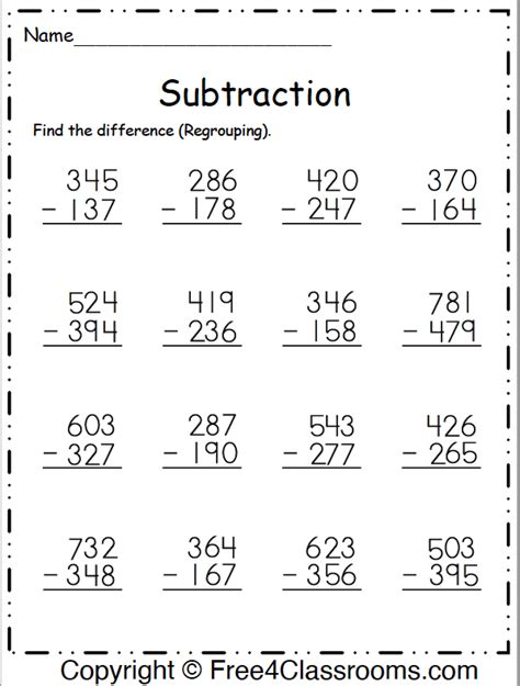 Subtraction With Regrouping Worksheets 3rd Grade