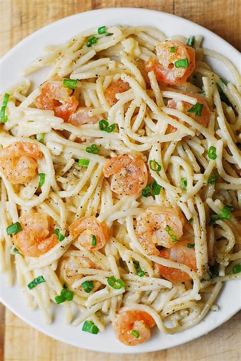 Substitute half and half with almond milk. Garlic Shrimp Alfredo in a Creamy Four Cheese Pasta Sauce ...