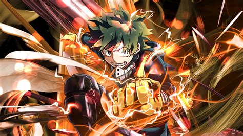 Download Wallpaper 1600x900 Anime Izuku Midoriya Fire Power Art 16