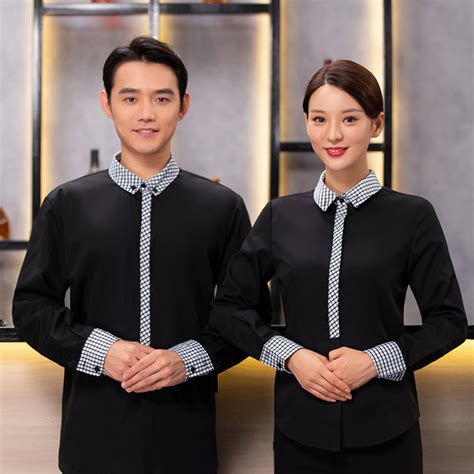 Irder Checkered Collar Long Sleeve Waiter Waitress Shirt Work Uniform