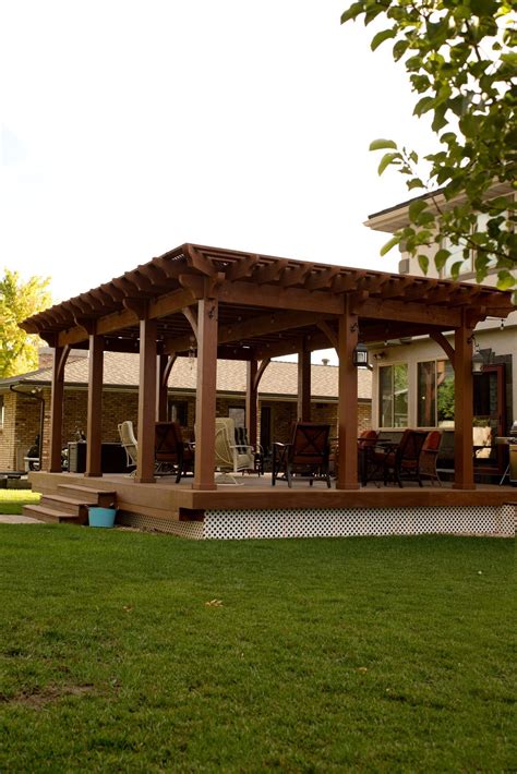 Timber Frame Pergola With Lattice Full Wrap Around Roof Over Backyard