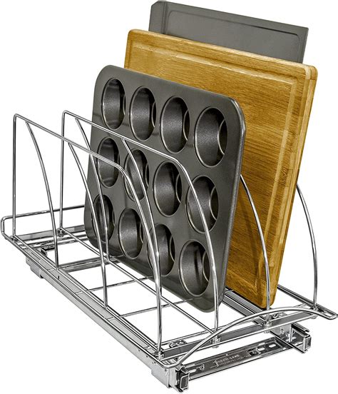 Org™ steel sliding cabinet organizer in chrome. Lynk Slide Out Cutting Board, Bakeware, and Tray Organizer ...