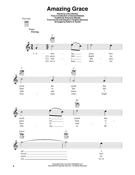 Amazing Grace Sheet Music Traditional American Melody Baritone Ukulele