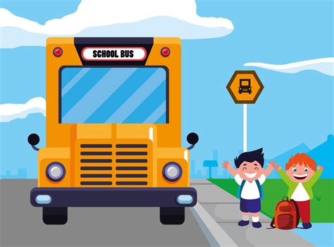 Dos Niños Felices En La Parada Del Autobús Escolar 1267982 Vector En