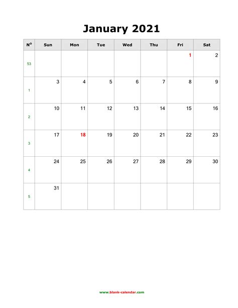 Ideal for use as a work calendar, church calendar, planner, scheduling reference, etc. Download January 2021 Blank Calendar (vertical)