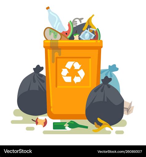 Overflowing Trash Can Food Garbage In Waste Bin Vector Image