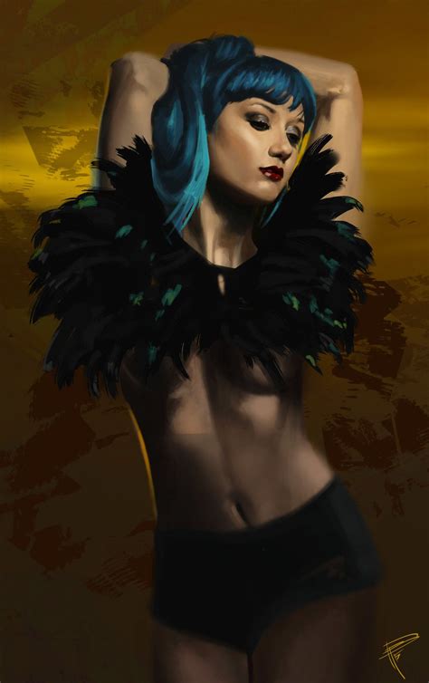 A Digital Painting Of A Woman With Blue Hair And Black Feathers On Her Chest