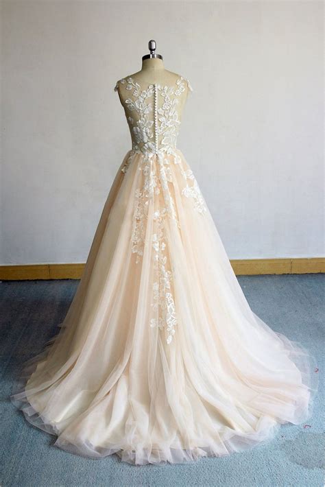 Champagne Round Neck Tulle Lace Long Prom Dress Champagne Evening Dre