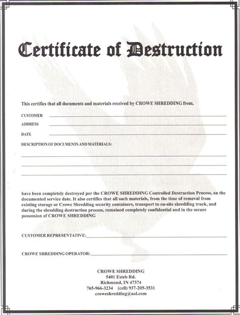 Certificate Of Data Destruction Template