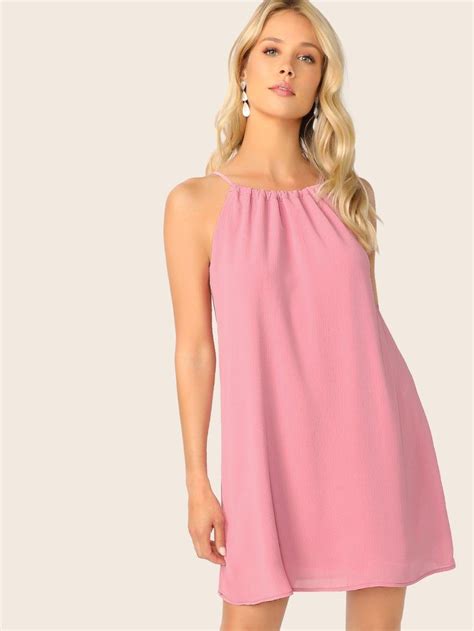 Pink Sleeveless Tassel Tie Back Drawstring Halter Dress Dress Backs