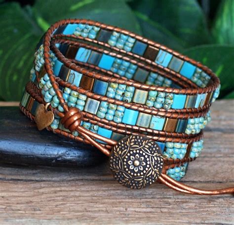 Turquoise Tila Wrap Bracelet Beaded Leather Four Wrap