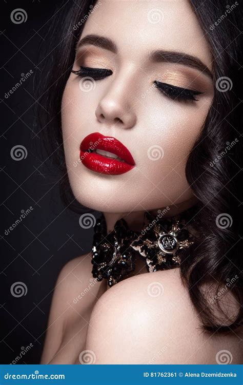 Beautiful Woman Portrait Young Lady Posing Close Up On Black Background Glamour Make Up Red