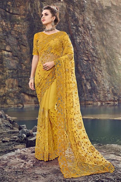 Yellow Swarovski Heavy Work Bridal Party Wear Saree Sarees Designer Collection