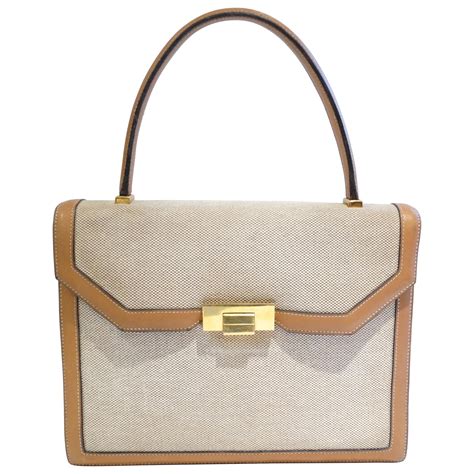 Hermes Tan Canvas Box Leather Top Handle Handbag 1960s For Sale At