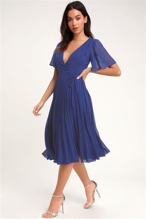 Lovely Blue Pleated Dress Pleated Midi Dress Midi Wrap Dress Lulus