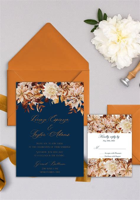 Navy Blue And Copper Invitation Rust Orange Wedding Invitation Autumn