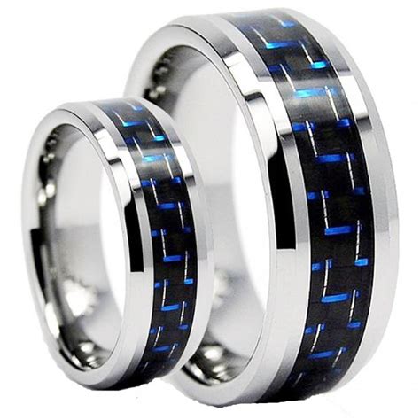 Tungsten Wedding Bandwedding Band Set Matching8mm6mm Blue Carbon Fiber Inlay Tungsten Carbide 