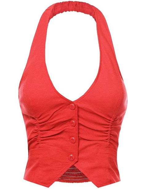 Fpt Womens Stretchy Cropped Halter Vest Coral Small Waistcoat Woman Clothes Halter Vest