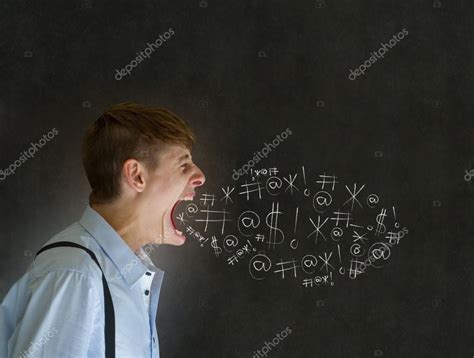 Angry Man Shouting And Swearing At Chalk Blackboard Background — Stock