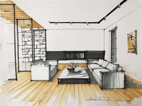 A Drawing Of A Living Room With Couches Tables And Stairs In The