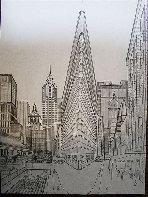 A Drawing Of A City With Skyscrapers In The Background