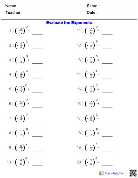 Exponent Laws Worksheet Grade 11