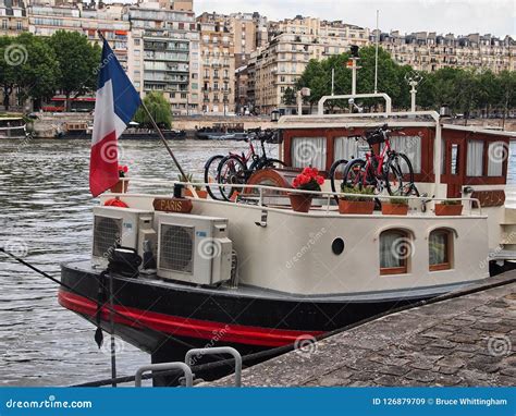 Colourful Houseboat Flying French Flag Seine River Paris France