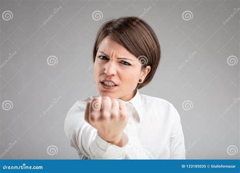 Angry Woman Shaking Her Fist At The Camera Stock Image Image Of