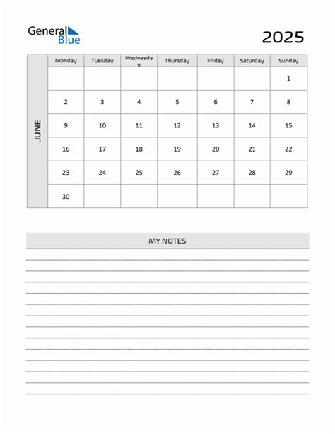 June 2025 Printable Monthly Calendar With Notes