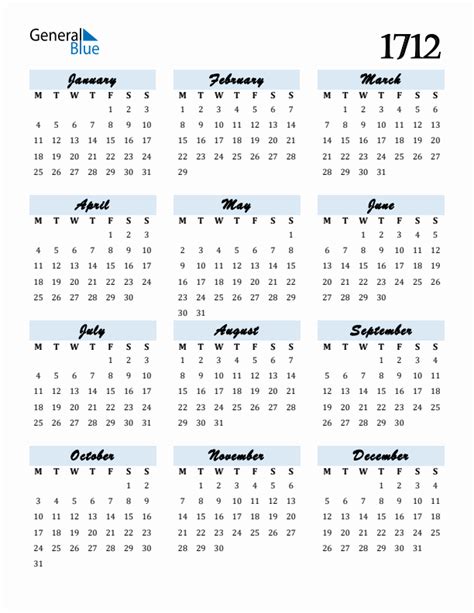 1712 Calendar With Monday Start