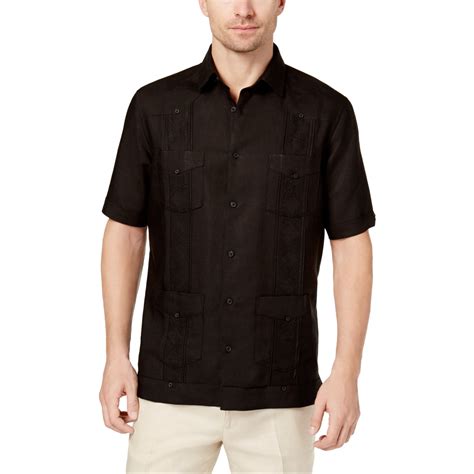 Tasso Elba Tasso Elba Mens Guayabera Button Up Shirt Black Large